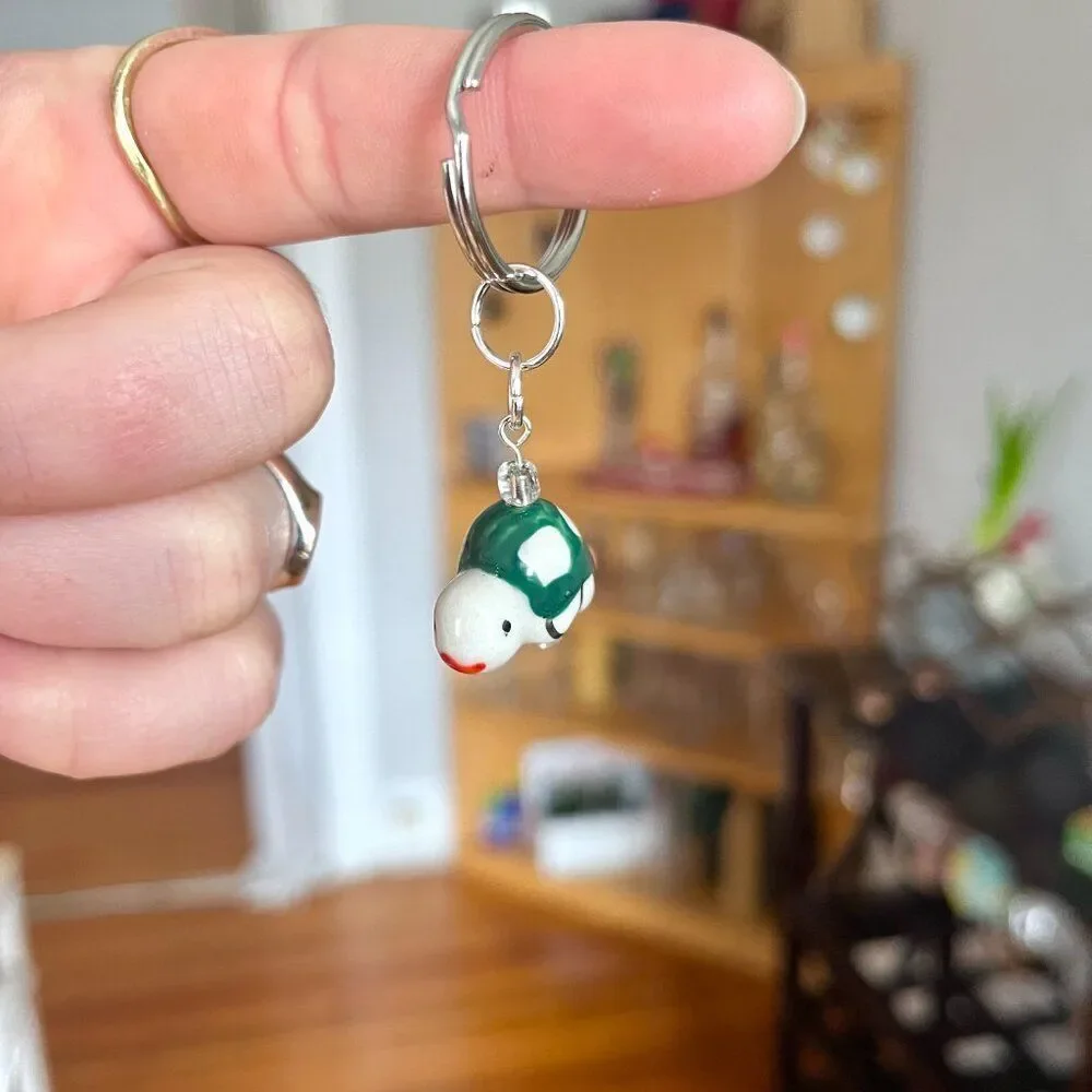 Green and White Ceramic Spotted Turtle Charm Key Chain